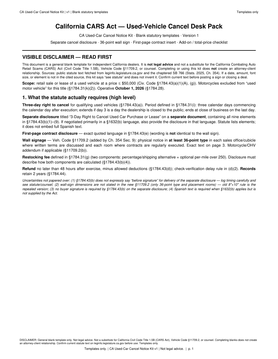 First page of the California SB 766 used-car cancel notice kit PDF
