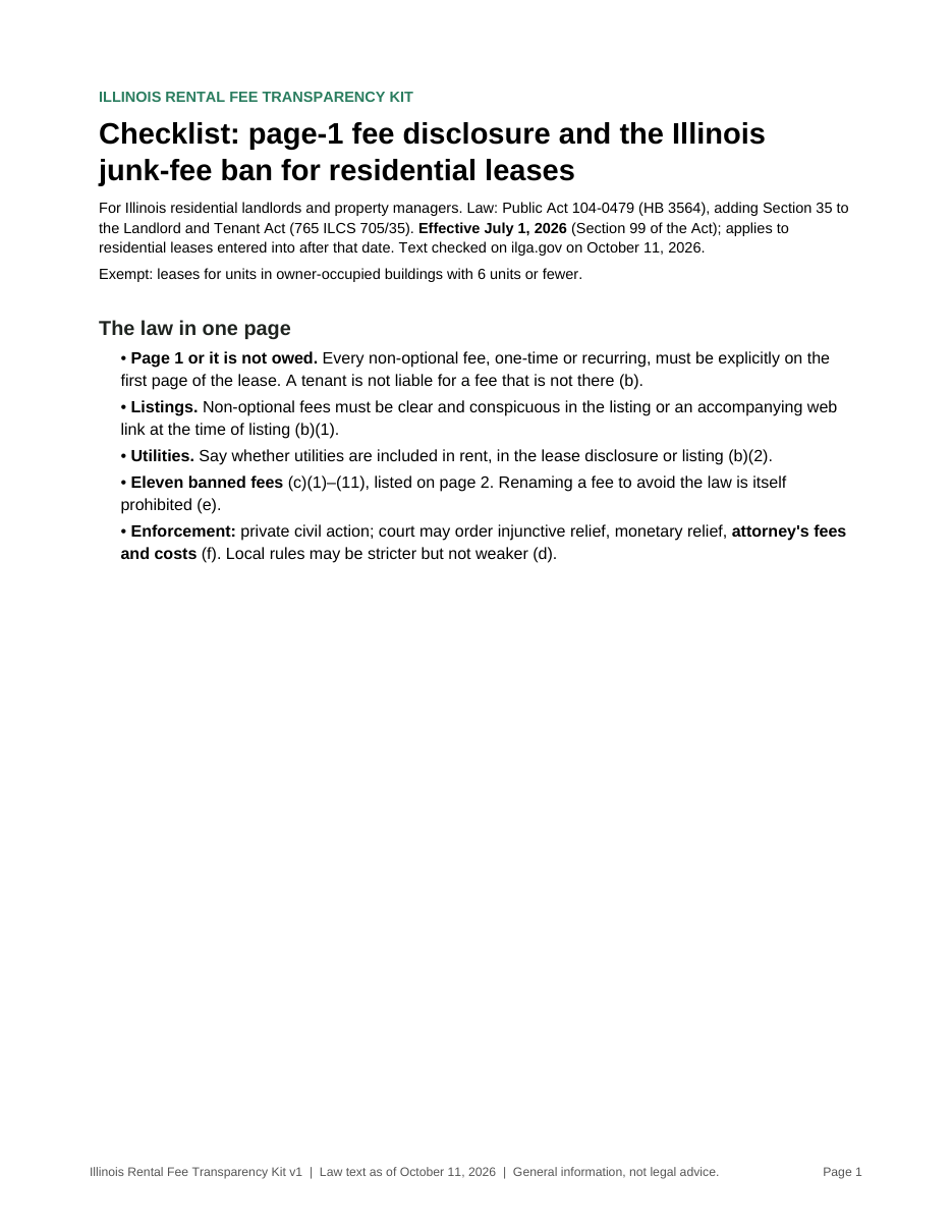 First page of the Illinois rental fee transparency kit PDF