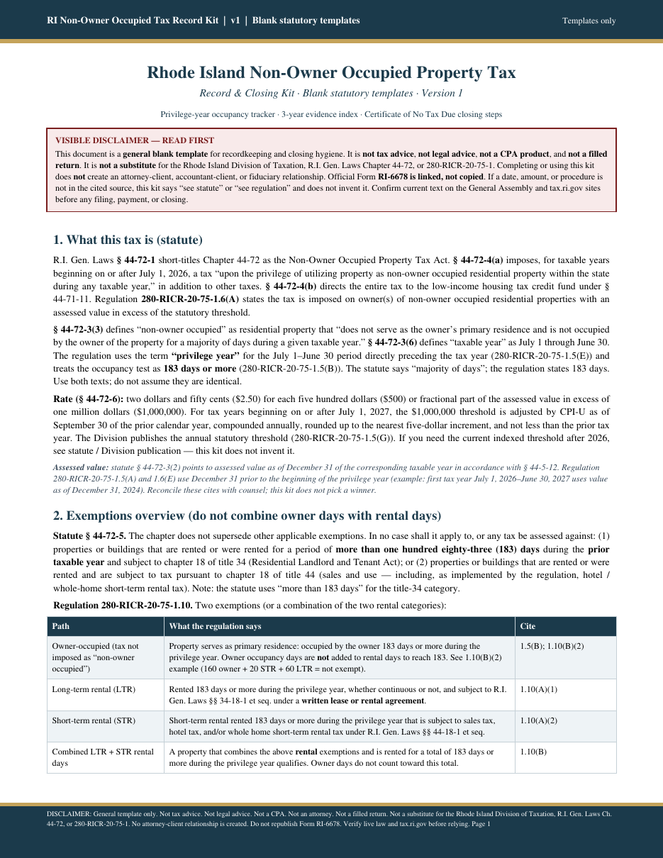 First page of the Rhode Island non-owner tax kit PDF